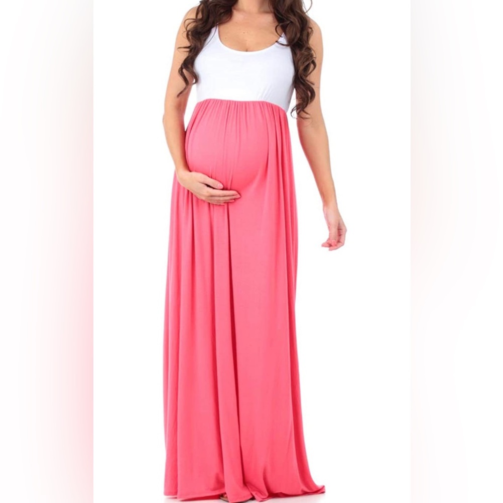 Medium Mother Bee Maternity Sleeveless Ruched Waist Color Block Dress